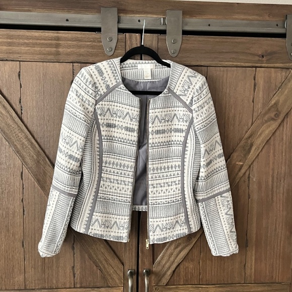 H&M Gray/Blue Cotton Blend Jacquard Full Zip Moto Jacket Blazer Size 10 EUC - Picture 3 of 6